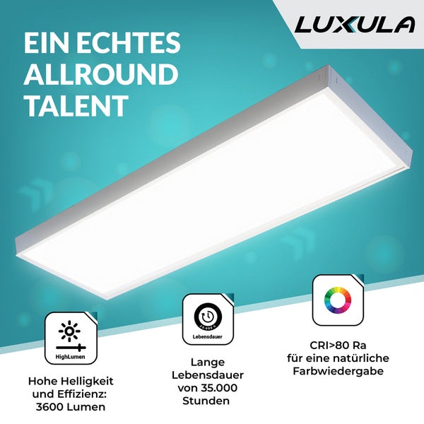 LUXULA LED-Panel 120x30cm Deckenleuchte 36W 3600lm Neutralweiß Flimmerfrei UGR<22 für Büro & Arbeitsräume