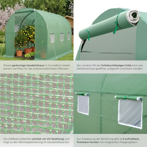 Tunnelgewächshaus mit Gitterfolie und aufrollbaren Fenstern für die Belüftung