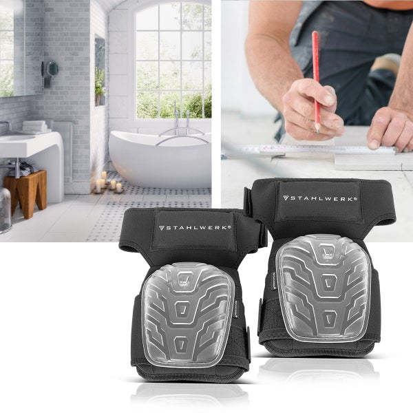 Szene mit Knieschonern, einem Bad und einer Person, die eine Fliese markiert