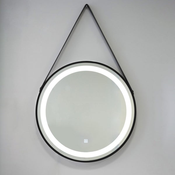 LED-Hintergrundbeleuchteter Runder Spiegel mit Touch-System und Schwarzer Kunstlederschnur 60cm