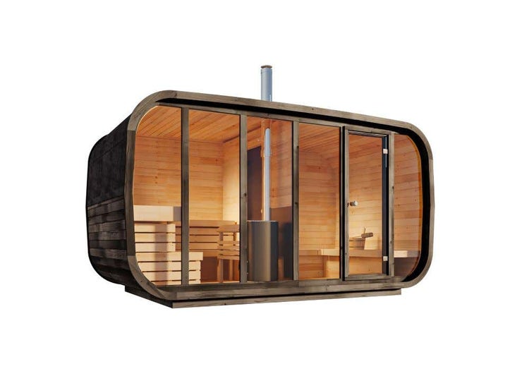 FinnTherm Comfort Set Fasssauna ScandiCube Space Fasssauna 4 Sitzbänke aus Holz, Sauna mit 42 mm Wandstärke, Außensauna mit Montagematerial, Naturbelassen 4,2x2,3m