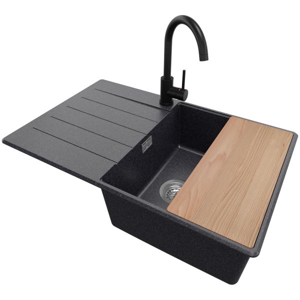 PRIMAGRAN Granitspüle Anthrazit 78x50cm, Spülbecken 1 Becken + Küchenarmatur 32x20cm + Ablauf-Set + Schneidebrett, Küchenspüle ab 50er Unterschrank - Kopenhagen