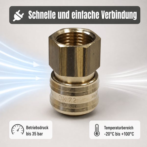 Schnellkupplung aus Messing mit Innengewinde, Nenngröße 7.2, für Druckluft bis 35 bar und Temperaturen von minus 20 bis plus 100 Grad Celsius.
