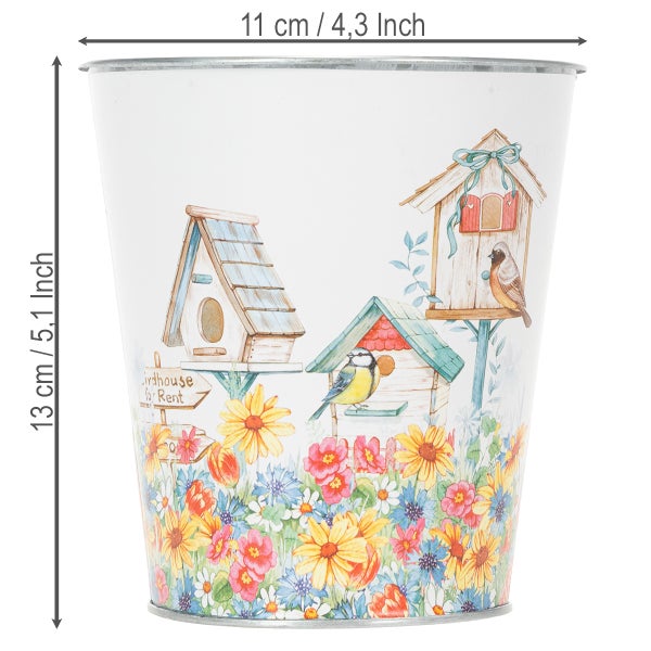 Dekorativer Metall Übertopf mit Vogelhaus und Blumen Motiv Höhe 13 Zentimeter Durchmesser 11 Zentimeter