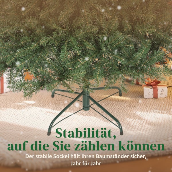 Stabiler, grüner Metallständer für künstliche Weihnachtsbäume auf einem hellen Teppich mit Geschenken im Hintergrund.