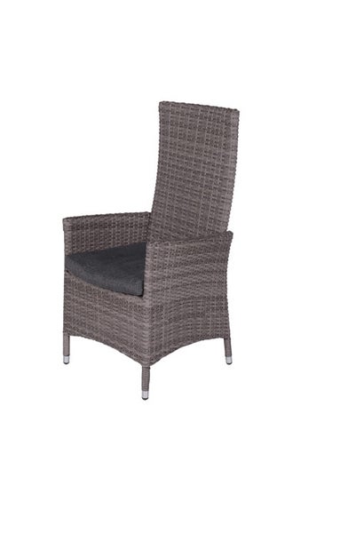 Hochlehner-Gartenstuhl aus grauem Polyrattan-Geflecht mit dunkelgrauem Sitzkissen.