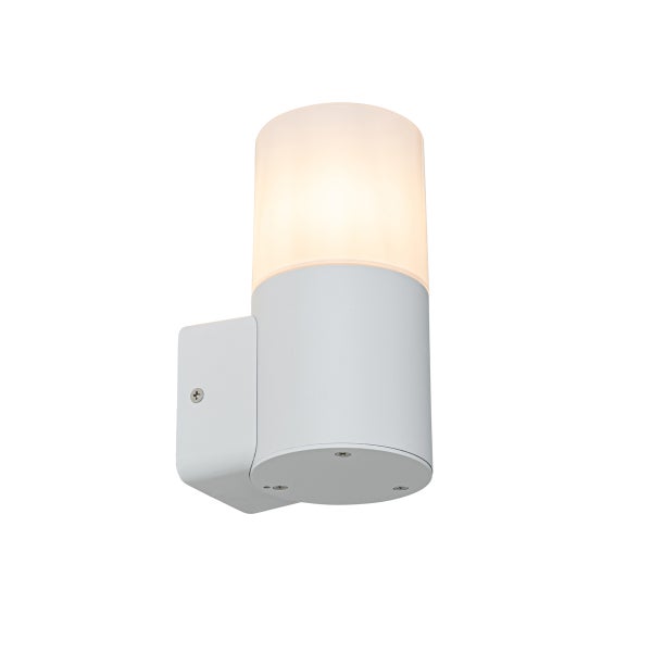 Moderne zylindrische Außenwandleuchte in Weiß mit opalem Diffusor und warmem Lichtschein.