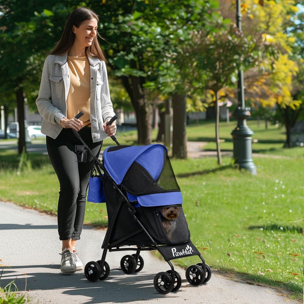 PawHut Hundewagen Hundebuggy klappbar für Hunde & Katzen bis 4 kg Katzenbuggy mit Netzfenstern, Schultergurt, Aufbewahrungstasche, Becherhalter Regenschirm Katzenwagen Dunkelblau