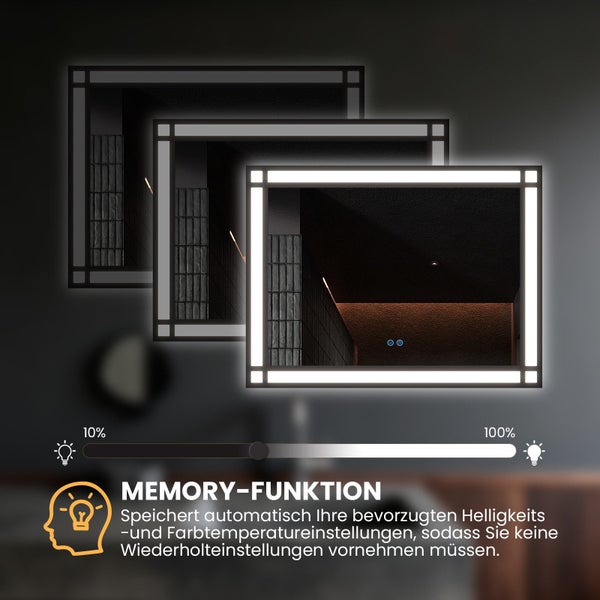 Rechteckiger Badezimmerspiegel mit LED Beleuchtung und Memory Funktion zur Speicherung der Helligkeitseinstellungen