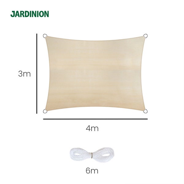 Rechteckiges Sonnensegel von Jardinion, 3 mal 4 Meter, inklusive 6 Meter Befestigungsseil. Jardinion Logo.