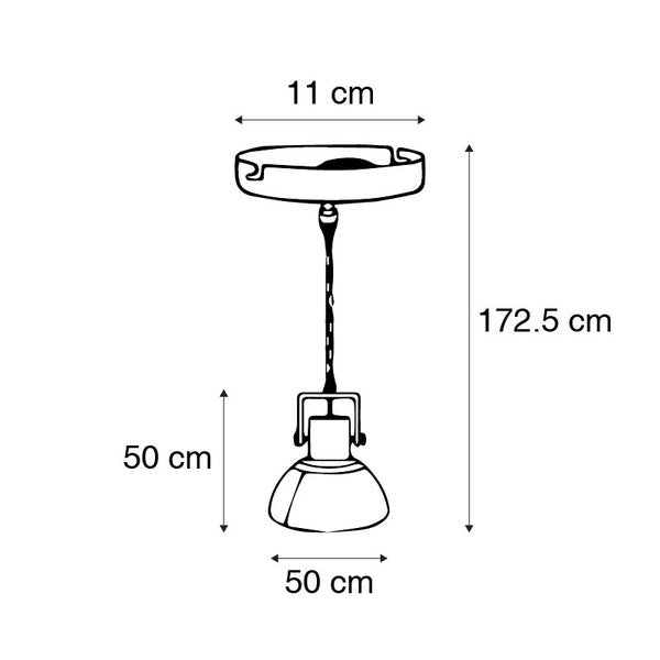 Abmessungen einer Hängelampe: 172,5 cm hoch, 50 cm breit und 11 cm Durchmesser Deckenbefestigung.