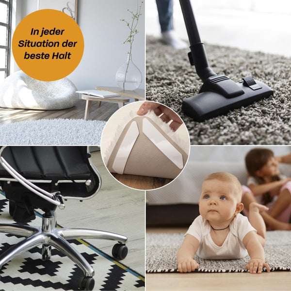 Collage zeigt Teppich-Antirutsch-Streifen im Einsatz: Sicherer Halt beim Staubsaugen, für Bürostuhlrollen und beim Spielen von Kindern.