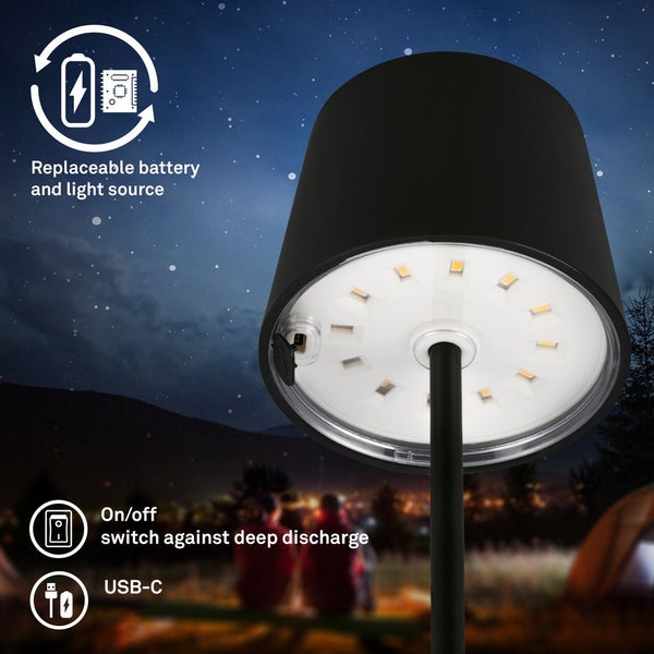 Schwarze LED-Leuchte mit austauschbarem Akku und Leuchtmittel, USB-C-Ladeanschluss und integriertem Ein- und Ausschalter.