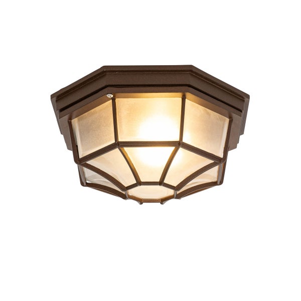 Oktogonale Deckenleuchte mit braunem Metallrahmen und mattierten Glasfeldern, beleuchtet.