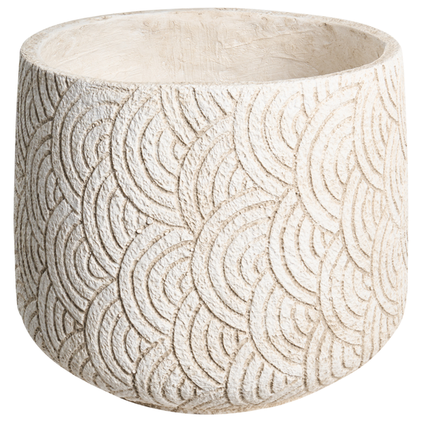 Runder cremefarbener Blumentopf aus Keramik mit strukturierter Oberfläche und Bogenmuster.