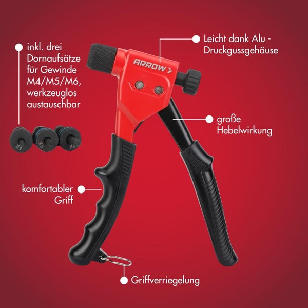 Arrow Nietmutterzange mit drei werkzeuglos austauschbaren Dornaufsätzen M4, M5 und M6, Aluminium-Druckgussgehäuse und Griffverriegelung.