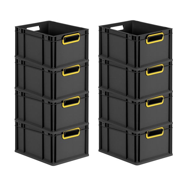PROREGAL SuperSparSet 8x Eurobox NextGen Color, HxBxT 22x30x40cm, 20 Liter, Griffe gelb offen, Schwarz, Eurobehälter, Transportbox, Transportbehälter, Stapelbehälter