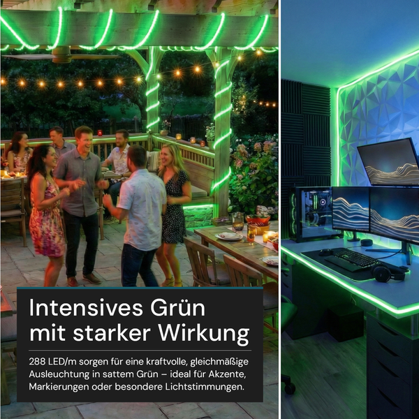 Grüne LED Streifen zur Akzentbeleuchtung auf einer Terrasse mit Gästen sowie an einem Gaming Schreibtisch mit mehreren Monitoren.
