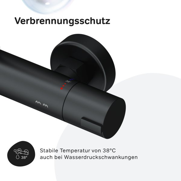Thermostat Brausearmatur mit Verbrennungsschutz und stabiler Temperatur von 38 Grad Celsius.