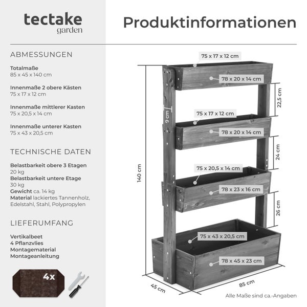 tectake garden Logo. Infografik zum Vertikalbeet aus Tannenholz mit Maßen 85 mal 45 mal 140 Zentimeter, technischen Daten und Lieferumfang.