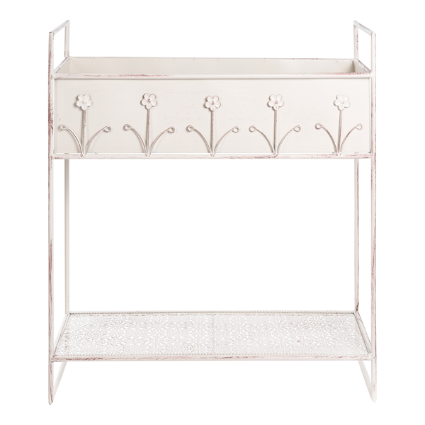 Pflanzregal aus Metall im Vintage-Design mit Blumenverzierungen und einer Gitterablage.