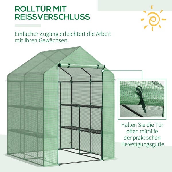 Outsunny Foliengewächshaus, begehbares Gewächshaus mit 8 Regalebenen,  143 x 138 x 195 cm, Stahl,PE-Kunststoff, Grün