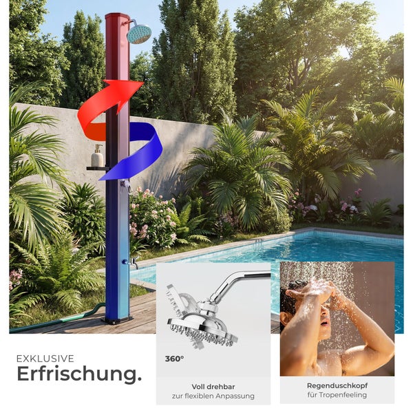 Solardusche mit Regenduschkopf und Fußbrause neben einem Pool im Garten, inklusive 360 Grad drehbarem Duschkopf.