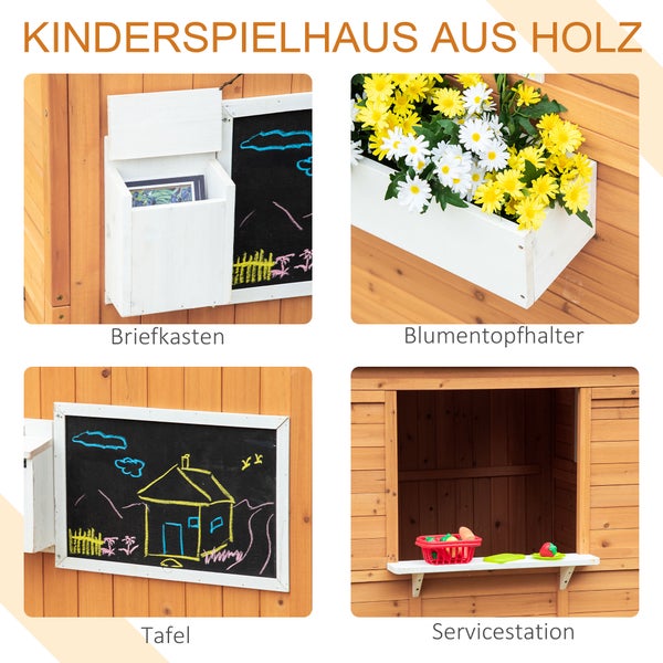 Detailansicht eines Kinderspielhauses aus Holz mit Briefkasten, Tafel, Blumentopfhalter und Servicestation