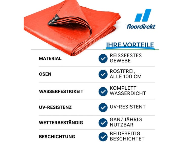 FLOORDIREKT Abdeckplane - Wasserdichte Plane - mit Ösen - Schutzplane - 240 g/m² - 3 x 5 m - Orange