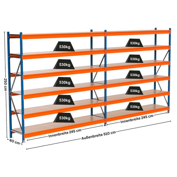 Stabiles Schwerlastregal mit fünf Ebenen und Gewichtsangaben