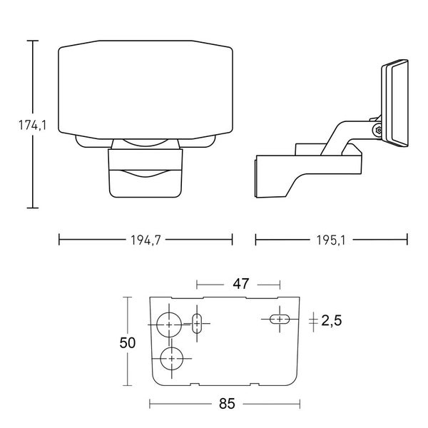 Technische Zeichnung einer Wandleuchte mit Maßangaben