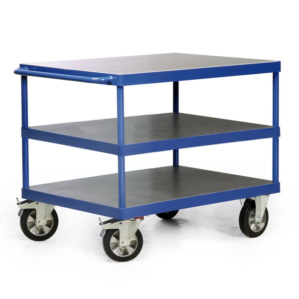 Blauer Transportwagen mit drei Ablageflächen und Rollen
