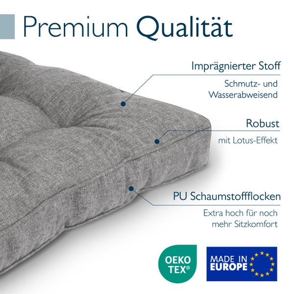 Sitzkissen aus imprägniertem, schmutz- und wasserabweisendem Stoff mit Lotus-Effekt. Polyurethan-Schaumstoffflocken. Oeko-Tex und Made in Europe.