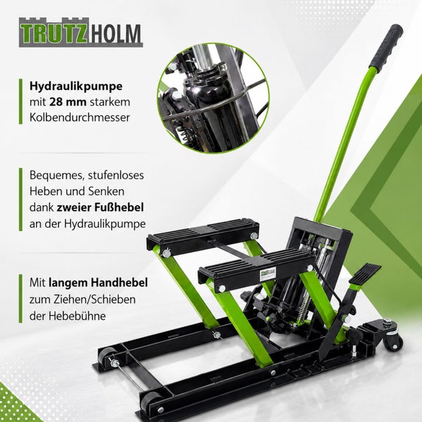Trutzholm Motorrad Hebebühne mit hydraulischer Pumpe, Fußpedalen und langem Handhebel zum einfachen Bewegen und Heben von Motorrädern.