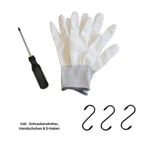 Set bestehend aus einem Kreuzschlitzschraubendreher, einem Paar weißer Handschuhe und drei schwarzen S-Haken.