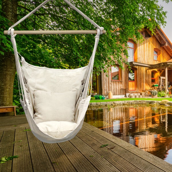 ECD Germany Hängesessel mit 2 Kissen - aus Baumwolle - Hartholz Querstab - Belastbar bis 120 kg - Beige - Indoor/Outdoor - Hängestuhl Hängesitz Hängeschaukel Hängematte Hängekorb Schaukelstuhl Sitz