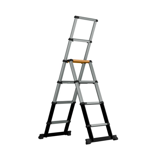 Teleskop-Stufenleiter aus Aluminium mit Sicherheitsplattform und verstellbarer Arbeitshöhe.