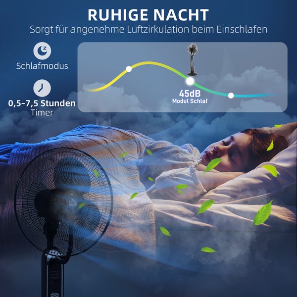 Standventilator im Schlafzimmer mit Schlafmodus, Timer und 45 Dezibel für leise Luftzirkulation während des Schlafens.