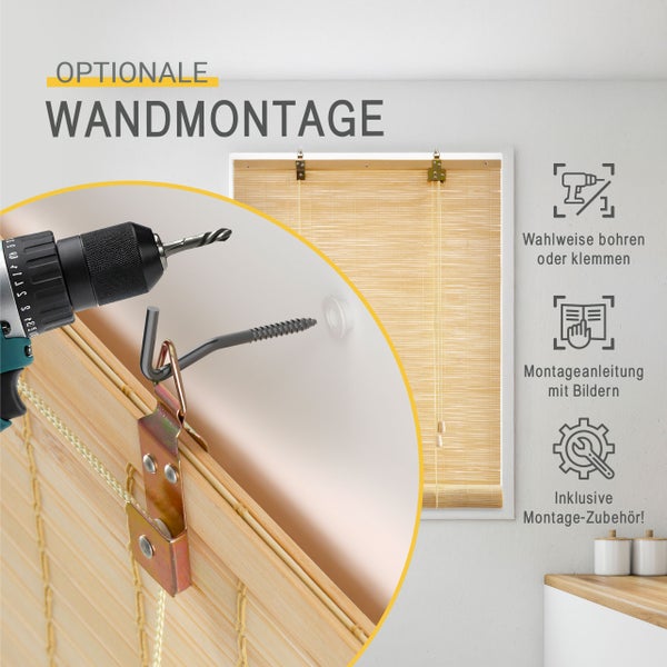 Wandmontage eines Bambusrollos durch Bohren oder Klemmen inklusive Zubehör und bebilderter Anleitung.