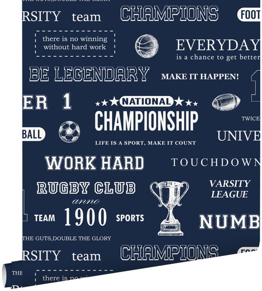 Tapete mit Sportmotiven und Schriftzügen