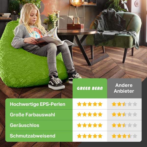 Green Bean Plüsch Sitzsack 45x45x60cm - Indoor Sitzkissen mit 120L EPS Perlen Füllung Kuschelig Waschbar - Bean Bag Bodenkissen Lounge Chair Sitzhocker - Grün