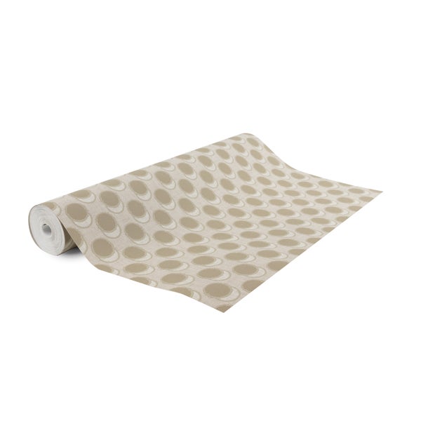 Vliestapete mit geometrischem Kreismuster in Beige und Grau, teilweise ausgerollte Rolle.