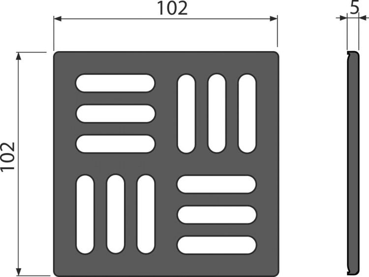 Technische Zeichnung Bodenablaufrost quadratisch, Maße 102 mal 102 Millimeter, Dicke 5 Millimeter.