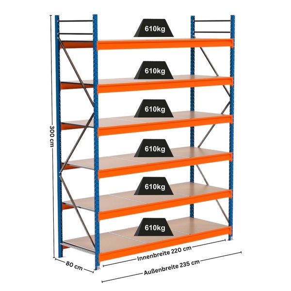 Regal mit sechs Böden und Maßangaben.