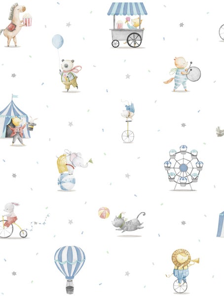 Vliestapete für Kinder mit Zirkusmotiven, Aquarell-Illustrationen von Zirkustieren, Riesenrad, Heißluftballon und Zirkuszelt.
