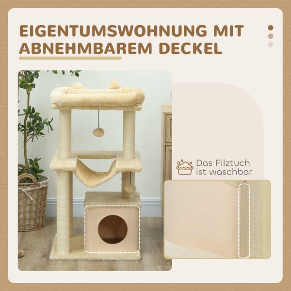 PawHut Katzenbaum 90 cm Kratzbaum mit Hängematte Spielbaum Katzenhöhle Plattformen Kletterbaum Katzenkratzbaum Aktivitätskratzbäum Plüsch Sisal Creme