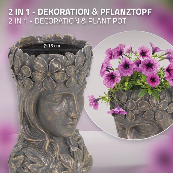 ML-Design Pflanztopf Frauenkopf Figur 21x16x32 cm Bronze Kunstharz, Innen/Außen, Groß Büste Skulptur, Weiblich Mädchen Statue Dame Gesicht Pflanzgefäß Blumentopf Übertopf Pflanzer Gartendeko Vase Urne