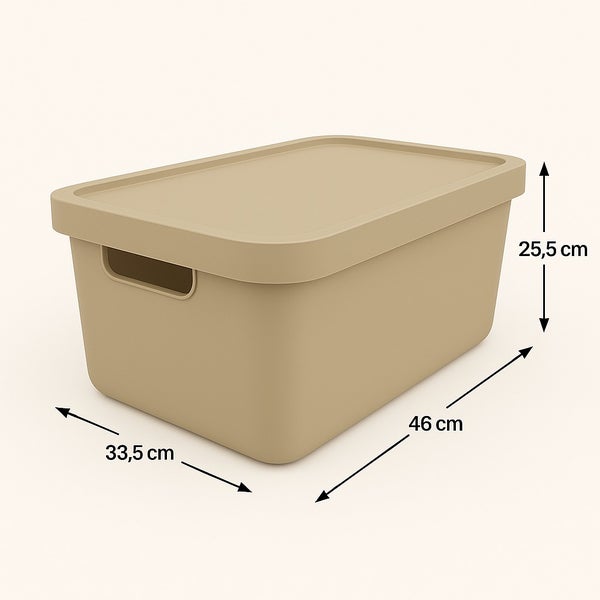 Aufbewahrungsbox aus Kunststoff mit Deckel und den Maßen 46 cm Länge, 33,5 cm Breite und 25,5 cm Höhe