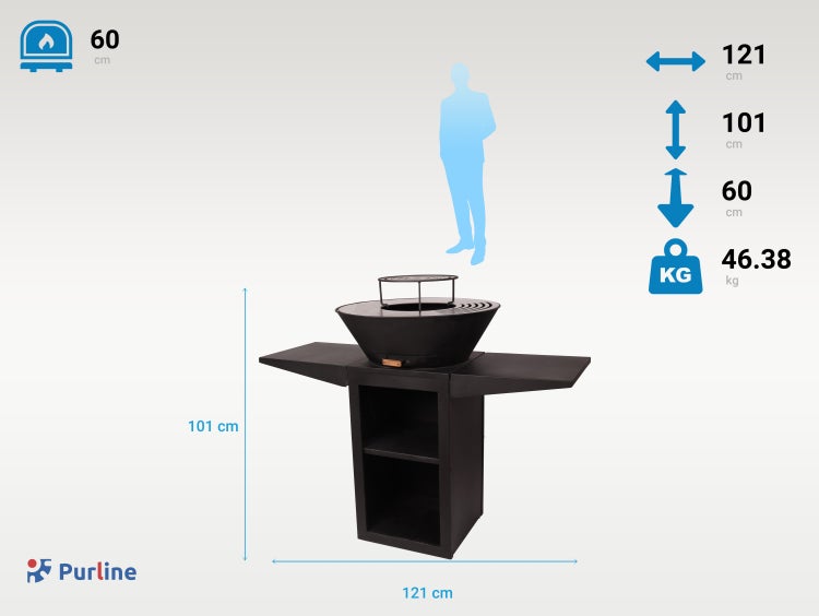 Purline Feuerstelle mit Ablageflächen und Regalfächern, Größenangaben