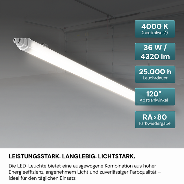 LUXULA LED Feuchtraumleuchte 120cm 36W 4320lm 4000K Neutralweiß IP65 IK06 Durchschleifbar